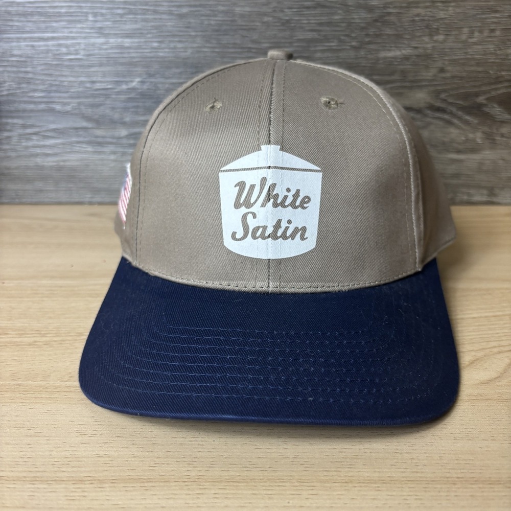 White Satin Hat Cap Snap Back Tan Blue American Flag Patch Trucker Mens